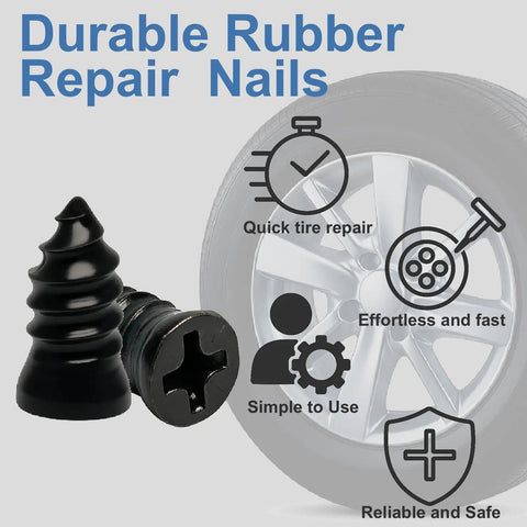 Fast Fix Tire Plug Kit With 61 Screw In Plugs And Screwdriver For Cars, Motorcycles, Trucks, And Farm Equipment Self Service Tire Repair In Seconds No Jack Needed No Glue Required, showing durable rubber repair nails with tire graphics.