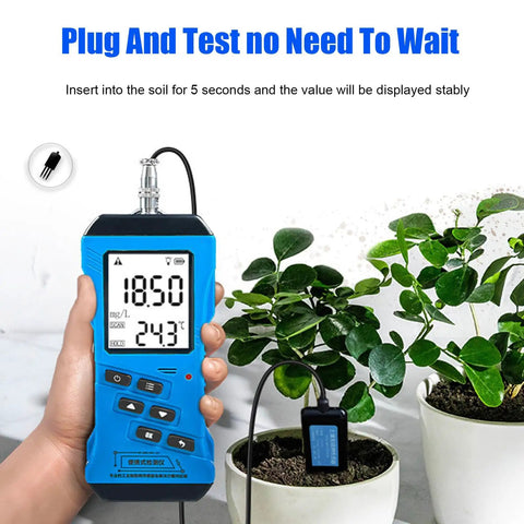 Hand holding 7 In 1 Soil Tester Kit With Digital Moisture Meter NPK pH Temperature EC Conductivity Fertility Analyzer for Home Use.