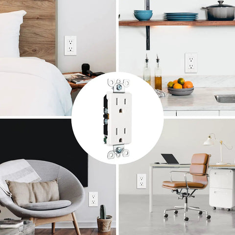 Decorator Receptacle Outlet 20 Pack Standard Wall Outlets 15 Amp 125 Volt Tamper Resistant With Wall Plates Included UL Listed White Finish Great For Lamps Kitchen Gadgets And Everyday Home Electronics shown in various room settings