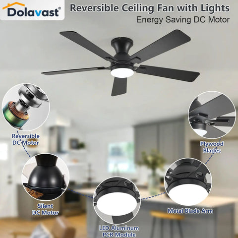 52 Inch Black Low Profile Ceiling Fan With Light And Remote Flush Mount Reversible DC Motor Dimmable LED 3CCT in room view