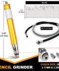 Rugged Micro Pneumatic Air Pencil Die Grinder Featuring Smooth Thumb Throttle 1/8 Inch Collet and Featherweight Grip with 30 PC accessory set.