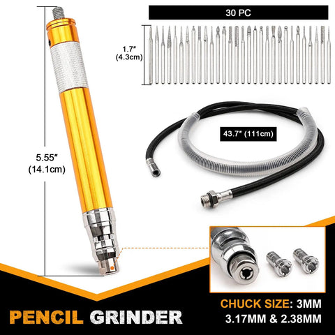 Rugged Micro Pneumatic Air Pencil Die Grinder Featuring Smooth Thumb Throttle 1/8 Inch Collet and Featherweight Grip with 30 PC accessory set.