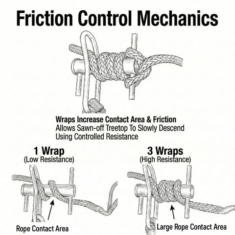 Diagram of friction control using Stainless Port-A-Wrap Arborist Rigging Tool For Tree Work with 1 and 3 rope wrap variations.