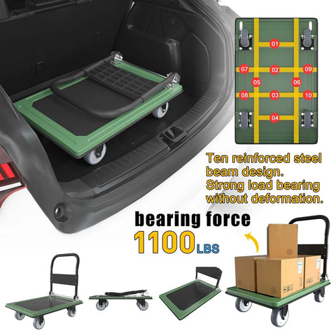 Heavy Duty Folding Platform Cart With 1100 Pound Capacity and 360 Degree Swivel Front Wheels shown folded in car trunk.