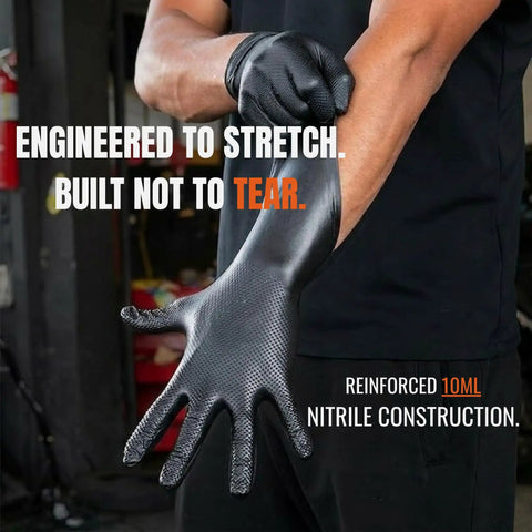 Heavy Duty 10 Mil Black Nitrile Work Gloves With Raised Diamond Grip, 1000 Count Bulk Kit, Powder Free Latex Free Food Safe Mechanic Gear shown being worn.