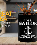 11oz Black Sailor Coffee Mug My Ship Together Funny Boater Gift for Sailors and Captains in modern kitchen setting