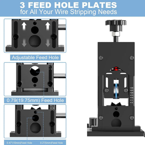 Detail view of Automatic Electric Wire Stripper Machine For 0.06 To 1.18 Inch Wires, showing feed hole plates and adjustments.