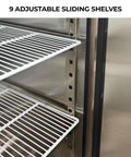 Heavy Duty Commercial Upright Freezer Convertible To Fridge 72 Cu Ft showing 9 adjustable sliding shelves for storage.