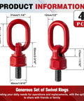 4 Pack M16 31.8 G80 Swivel Eye Bolt Hoist Ring With 360 Degree Rotation, showing dimensions and red lifting rings for crane use.