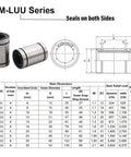 HiPicco LM10LUU 10mm bore linear ball bearing with double rubber seals; front and side views, 4-pack.