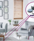 Heavy Duty Furniture Sliders Reusable Self Adhesive Floor Protectors Non Skid Glide Pads in blue shown in a modern living room.