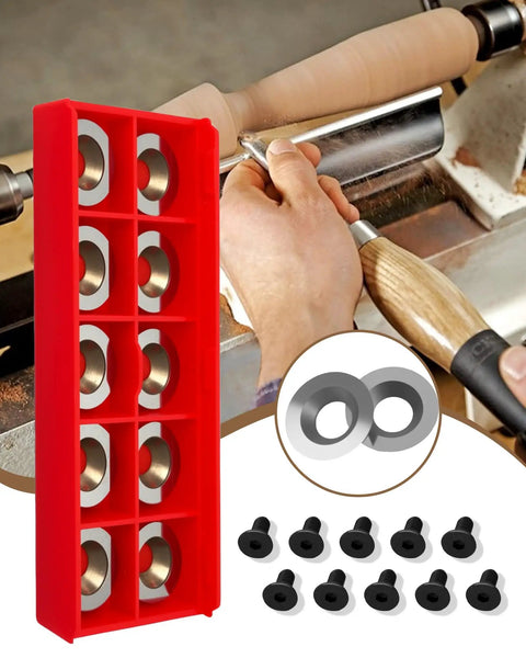 10 Pcs 16Mm Round Tungsten Carbide Indexable Lathe Tool Bits 30 Degree Rake Angle 5/8 Inch Diameter in a red holder with screws.