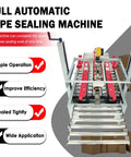 Heavy Duty Full Automatic Double Flap Case Sealer Machine for Fast Box Taping with dual red sealing arms and adjustable settings.