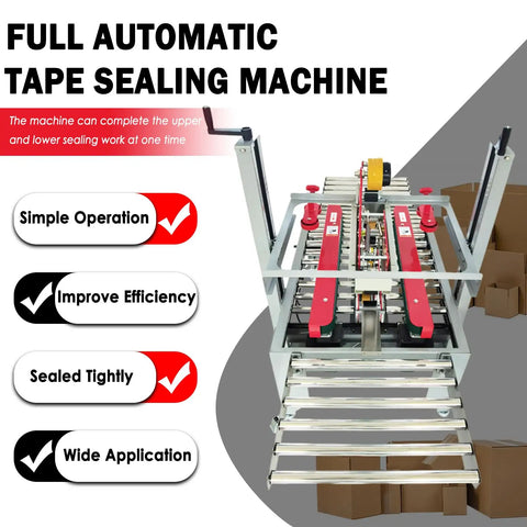 Heavy Duty Full Automatic Double Flap Case Sealer Machine for Fast Box Taping with dual red sealing arms and adjustable settings.
