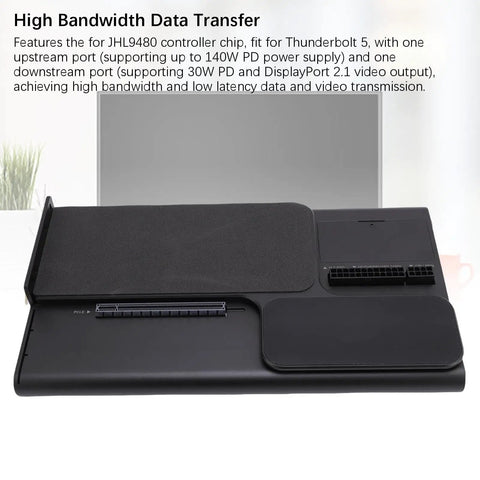 External Graphics Dock With Thunderbolt 5 And Pcie 4.0 X4 Port For Laptop Gaming Rig Featuring Atx Sfx Power Support, black surface and connection ports.