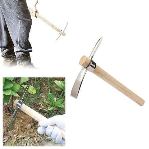 Heavy Duty Stainless Steel Double Headed Pickaxe With Wooden Handle For Garden And Landscaping shown in use and close-up