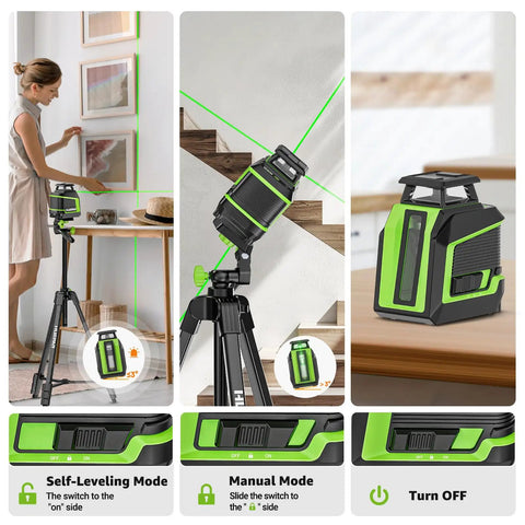 360 Degree Green Beam Laser Level With Tripod 60 Inch Self Leveling Tool 82 Feet To 165 Feet Range Pulse Mode Three Brightness Levels Rechargeable Li Ion Battery Ideal For DIY Indoor Projects, green line on tripod