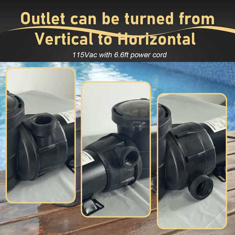 Three images of Above Ground Pool Pump 1.5HP 115V With On Off Switch, rotatable outlet feature highlighted near poolside.