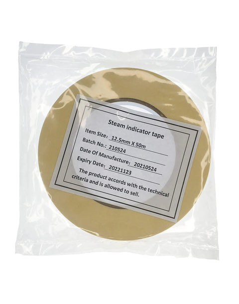Five Rolls Autoclave Tape Steam Indicator For Sterilization, 12.5mm X 50m Each packaged with label showing specifications.