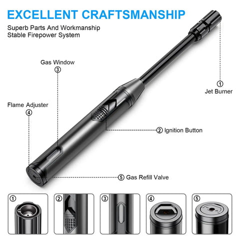 Refillable Butane Torch Lighter With Four And A Half Inch Flexible Neck, Windproof Long Reach Flame, ignition button, gas refill valve