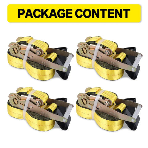 Four yellow Beefy Heavy Duty Flat Hook Ratchet Straps Tie Down Straps 2 Inch By 27 Feet Weather Resistant 3333 Pound Working Load Limit