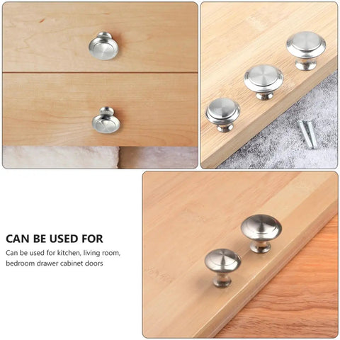 12 Pack 304 Stainless Steel Single Hole Cabinet Drawer Handles with screws, silver dome shaped pulls on wood surfaces