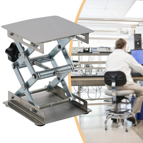Premium Stainless Steel Manual Router Lift Table Featuring 100mm Vertical Travel And Slick Fine Tuning Controls For Boss Level Woodworking Accuracy And Rock Solid Platform Stability in workshop setting.