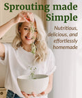 Woman holding bowl with sprouts, emphasizing ease of homemade sprouting with Sprouting Lids For Wide Mouth Mason Jars Set Of 2 Mesh.