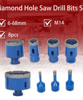 Diamond hole saw drill bit set, 8 pcs, 6-68mm, M14 threaded cores, blue storage case