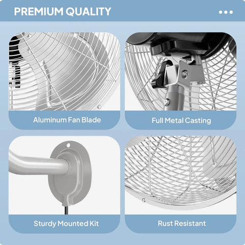 Close-up of 18 Inch Industrial Wall Mounted Fan With Beast Airflow, showcasing aluminum blade, full metal casting, mount, and rust resistance.