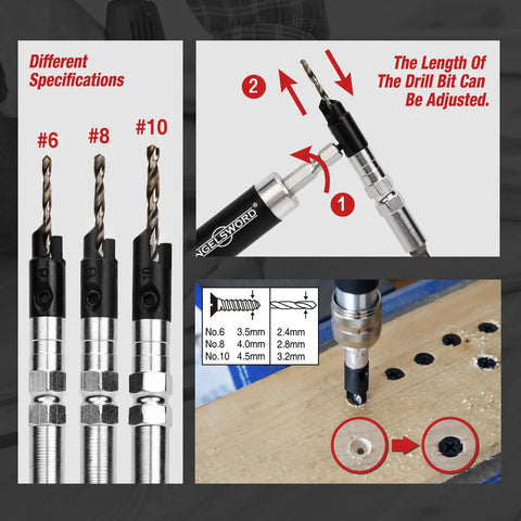 Pro Grade Premium Countersink Drill Bit Set With Flip Drive For Wood 6 8 10 Sizes, Complete 4 Pack, tool close-up and usage