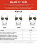 Ray-Ban size guide for aviator sunglasses showing narrow, average, wide fit with measurements, 58mm medium fit highlighted