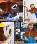 Cowhide Leather Welding Hood With Shoulder Cape Kevlar Reinforced Full Head Coverage Brown OSHA Compliant Durable Protective Helmet