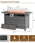 44 Inch Outdoor Fire Pit Table With Wind Guard And Auto Ignition Propane Gas Fire Pit 60,000 BTU Gray Rattan Rectangular Table