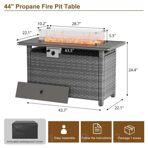 44 Inch Outdoor Fire Pit Table With Wind Guard And Auto Ignition Propane Gas Fire Pit 60,000 BTU Gray Rattan Rectangular Table