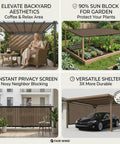 Image showing various uses of Tough As Nails Ninety Percent UV Blocking Sun Shade Cloth With Upgraded Grommets 6 By 10 Foot Outdoor Sun Screen Fabric for patios, gardens, privacy walls, and carports in mocha tone.