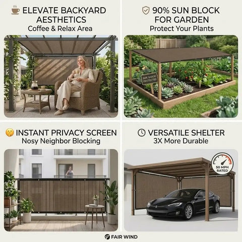 Image showing various uses of Tough As Nails Ninety Percent UV Blocking Sun Shade Cloth With Upgraded Grommets 6 By 10 Foot Outdoor Sun Screen Fabric for patios, gardens, privacy walls, and carports in mocha tone.