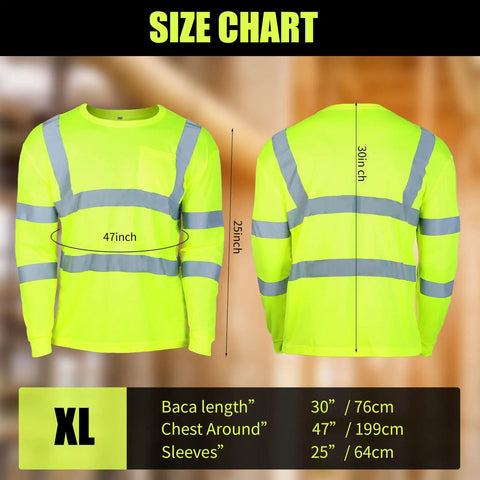 Six Pack XL High Visibility Reflective Long Sleeve Safety Shirts In Yellow Breathable Unisex Work Gear Size Chart