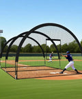 32x12x8 Ft baseball batting cage with frame and net on baseball field, heavy duty training netting for hitting and pitching practice