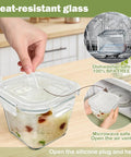 Person holding 32 Oz Borosilicate Glass Food Storage Container With Lid, showing microwave and dishwasher safe Square Meal Prep Jars