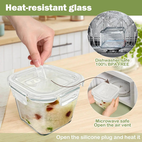 Person holding 32 Oz Borosilicate Glass Food Storage Container With Lid, showing microwave and dishwasher safe Square Meal Prep Jars