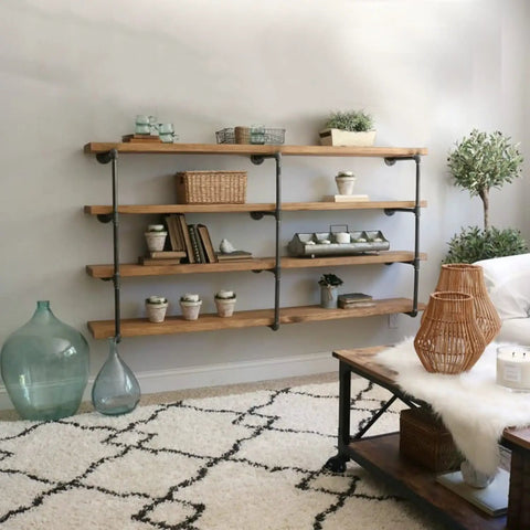 Industrial Pipe Shelving Set Wall Mounted Rustic Floating Iron Shelves For DIY Bookshelf Brackets in living room with decor items.