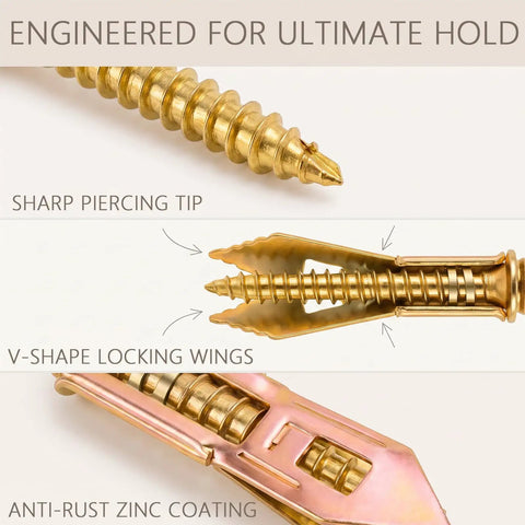 Beefy Heavy Duty Drywall Anchor Kit With Screws 81 Piece Self Drilling Metal Expansion Anchors In 3 Sizes For Sheetrock No Drill Wall Anchors For Shelf Mirror And TV Up To 100 Lbs, gold zinc-plated anchor close-up