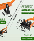 Diagram of Rotary Cultivator With Long Handle And Adjustable Stainless Steel Pole 2 In 1 Hand Tiller showing dimensions and steps