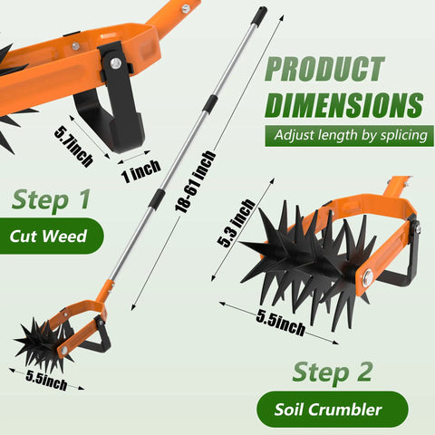 Diagram of Rotary Cultivator With Long Handle And Adjustable Stainless Steel Pole 2 In 1 Hand Tiller showing dimensions and steps