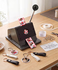 DIY Button Keychain Photo Cutter Kit With 61 Pieces Including 1 Inch Button Cutter 25mm 30 Double Sided Acrylic Frame Keychains And 30 PU Leather Keychains In Black And White Great For Photo Booth Props And Party Favors showing circle punch tool and keychains on table.