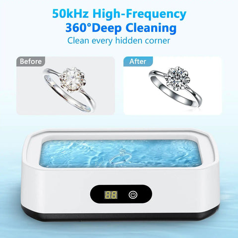 Upgrade Large Capacity Ultrasonic Cleaner 50kHz With 5 Modes Timer And 40W Power showcasing diamond ring cleaning results.