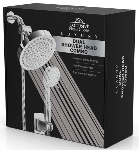 Box of High Power Rain Shower Head With Handheld Combo 6 Inch Rainfall Head Plus 70 Inch Hose with illustrations and features