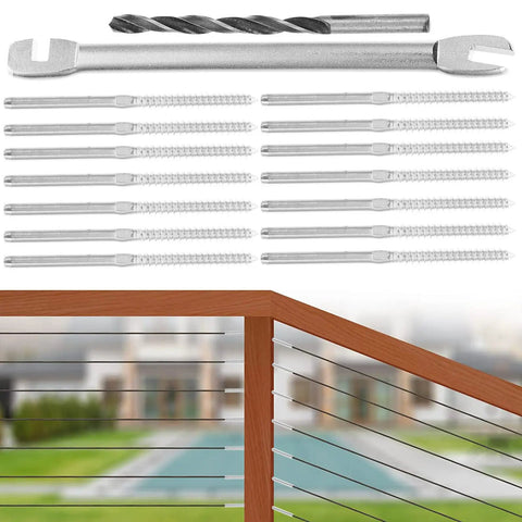 Cable Railing Kit With Stainless Steel Crimp Lag Screws, Adjustable Tightness, One Eighth Inch Outer Diameter on a deck