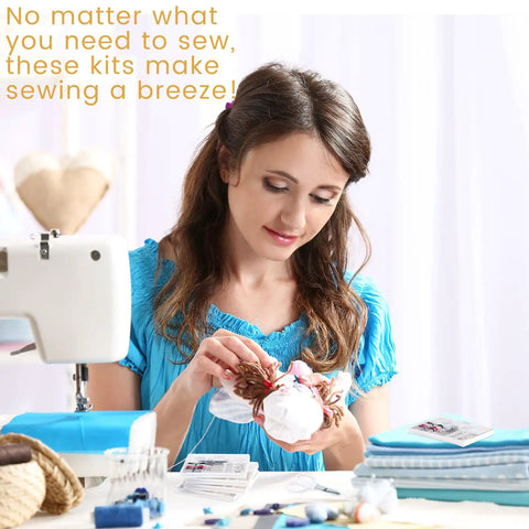 No Fuss Bulk Travel Sewing Crate Featuring Nifty Mini Repair Packs, with woman sewing using mini kit essentials.